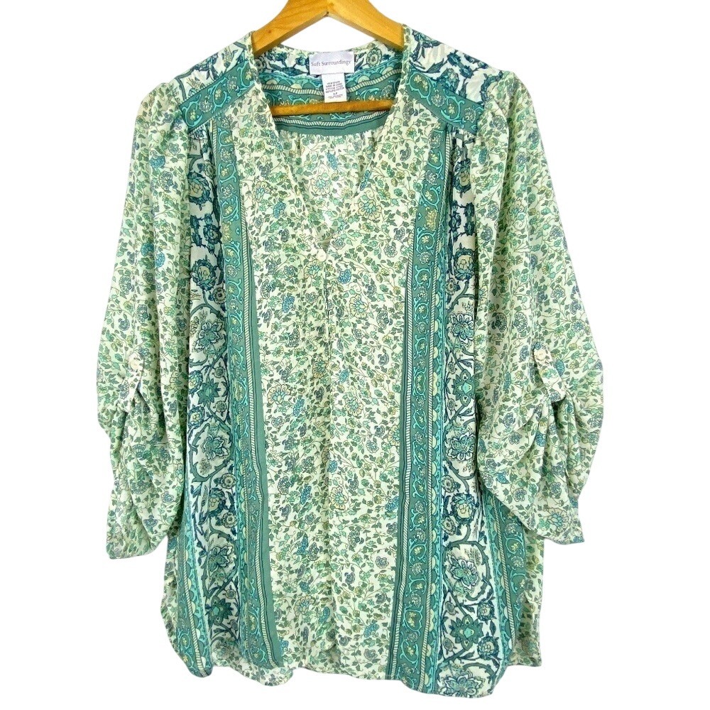 Soft Surroundings Women Peasant Tunic Blouse ¾ Roll Tab sleeve Sz M Boho Spring